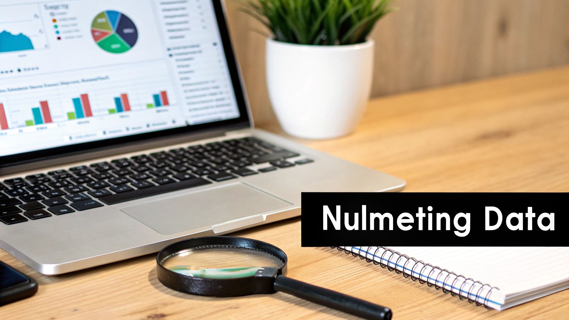 Een laptop op een houten bureau toont datavisualisaties, met een vergrootglas en notitieboekje ernaast. De tekst 'Nulmeting Data' staat centraal.