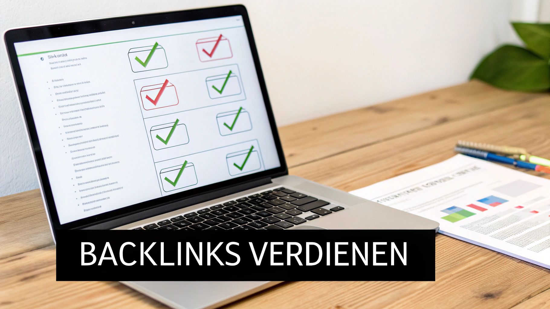 Een laptop toont een checklist met groene vinkjes op een houten bureau met documenten en pennen.