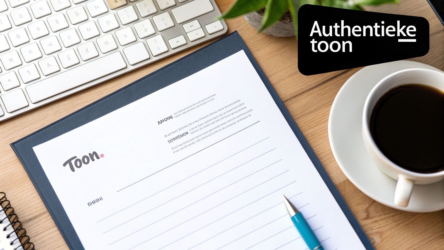 Een bureau met een toetsenbord, document met 'Toon.' logo, pen, koffie en een plant, met de tekst 'Authentieke toon'.