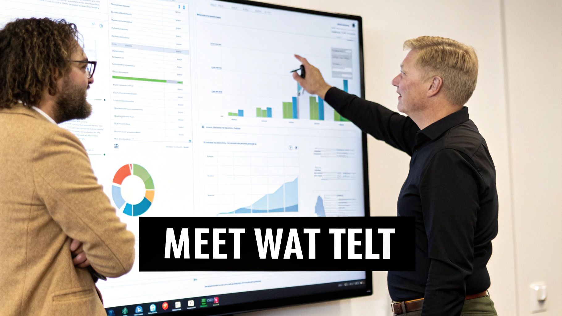 Twee zakenmensen bespreken data-analyse en marketingstatistieken op een groot interactief scherm