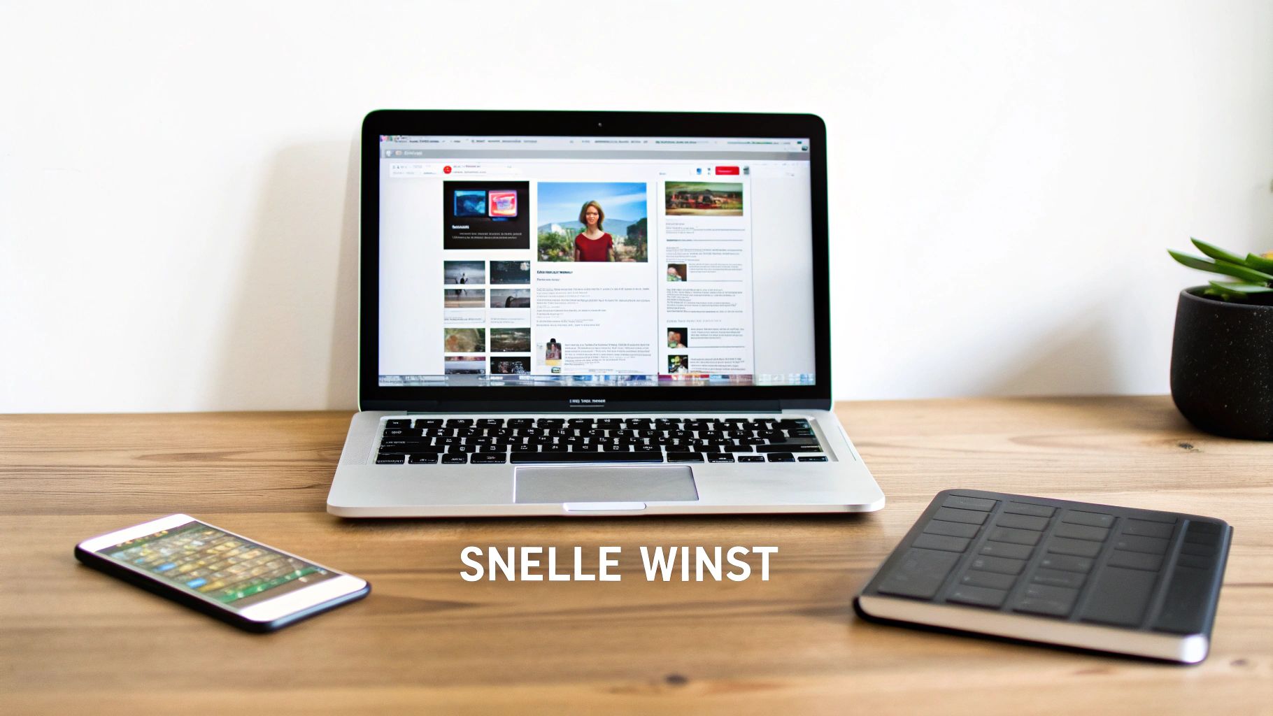 Een zilveren laptop staat op een houten bureau, met een geopende website, een smartphone en een zwarte tablet.