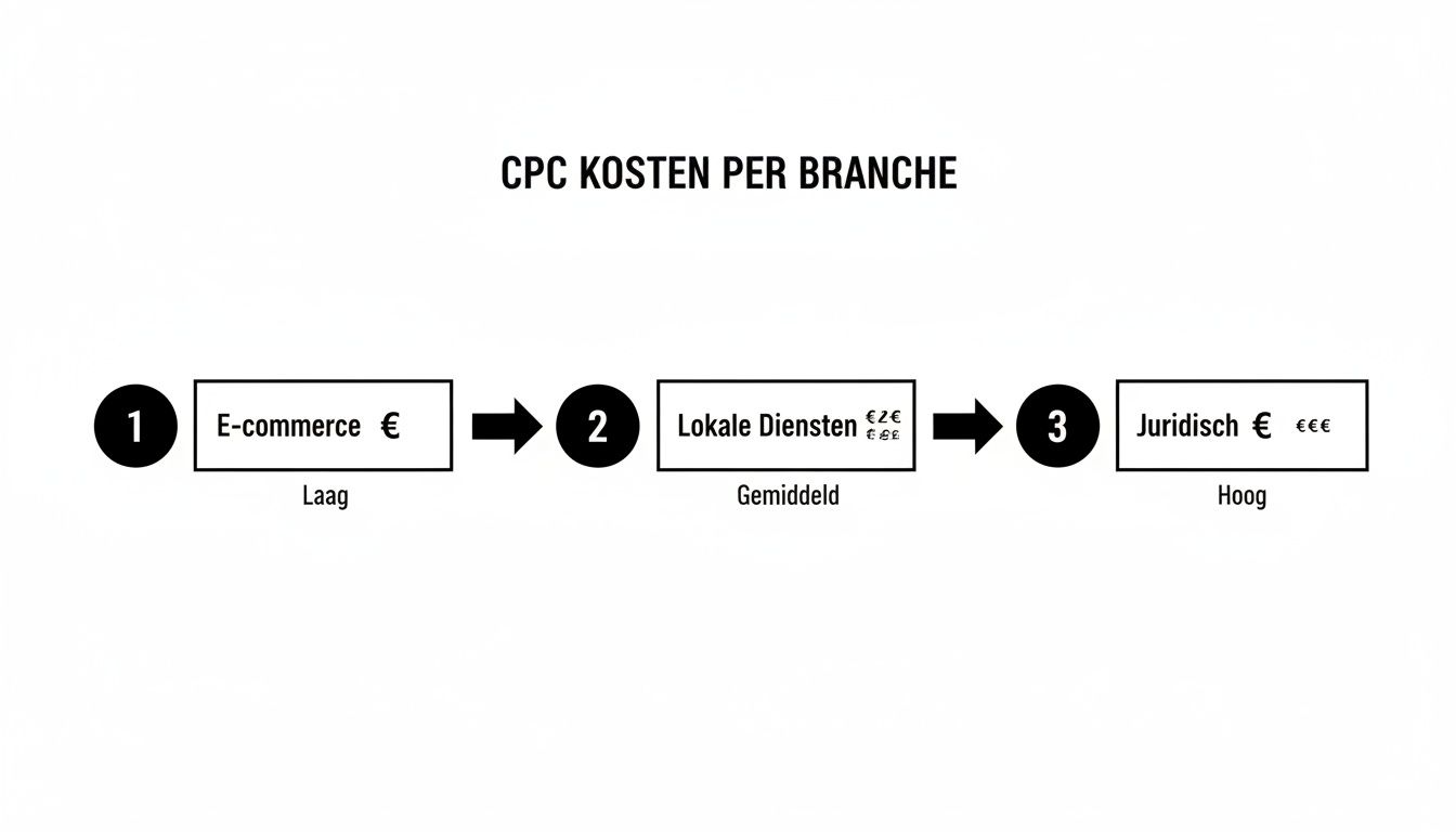 Overzicht van CPC kosten per branche, variërend van laag voor E-commerce tot hoog voor Juridisch.