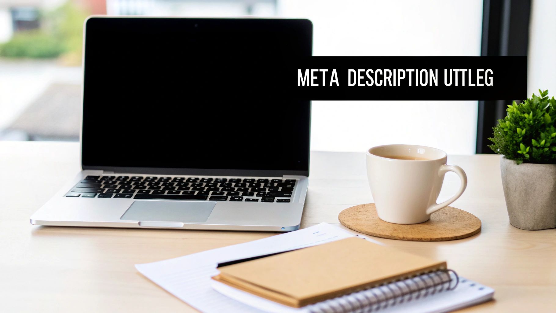 Werkplek met laptop, koffie, plant en notitieboekjes, banner met 'META DESCRIPTION UTTLEGG'.