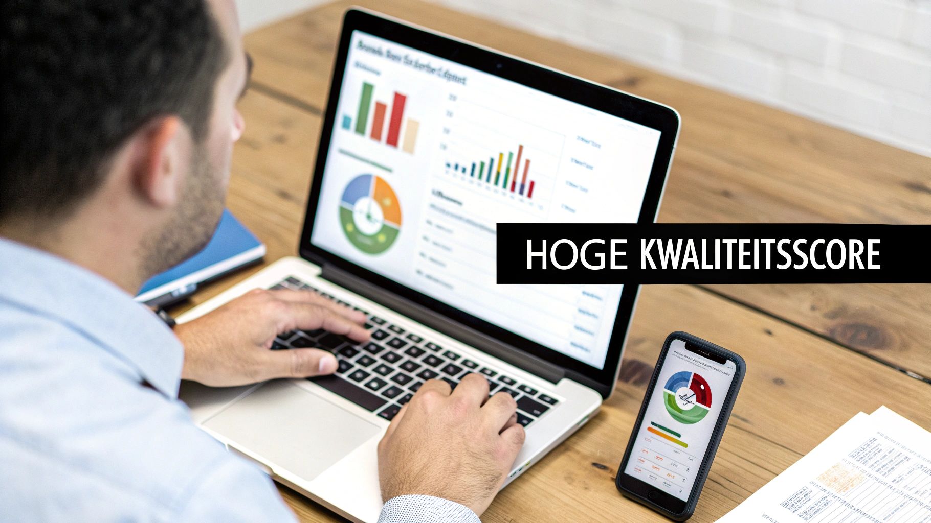 Man typt op laptop met datagrafieken, terwijl een smartphone data toont, met de tekst 'Hoge Kwaliteitsscore'.