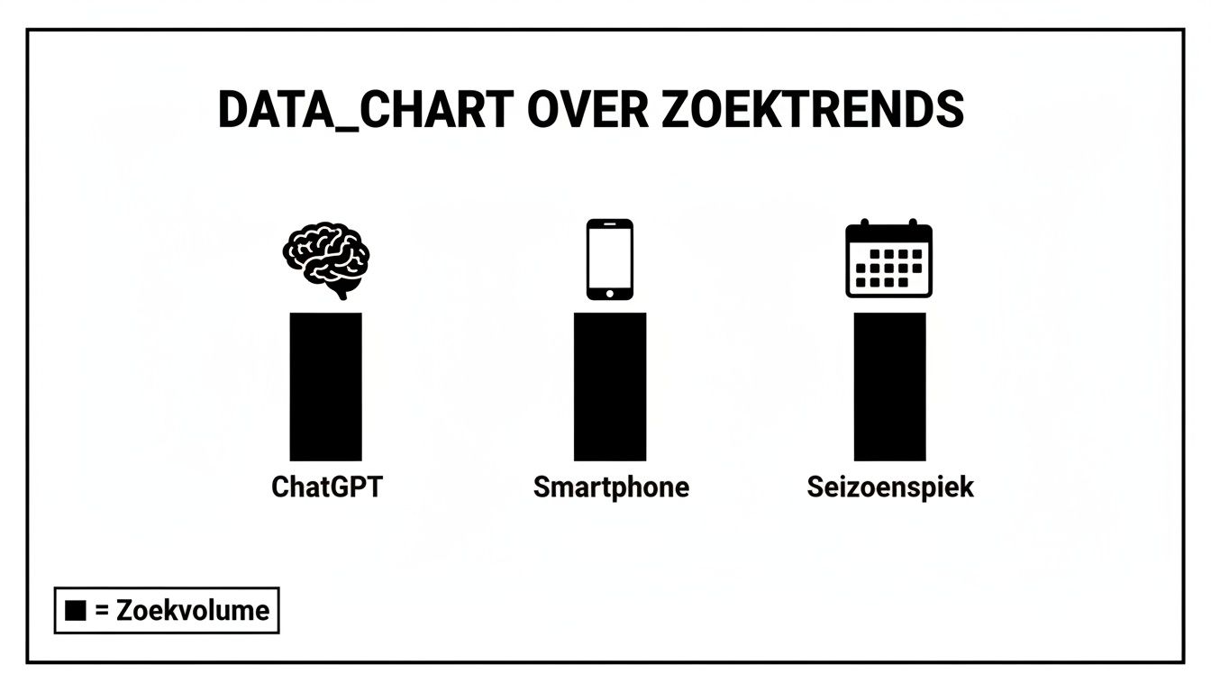 Staafdiagram toont zoektrends van ChatGPT, Smartphone en Seizoenspiek met relatieve zoekvolumes.