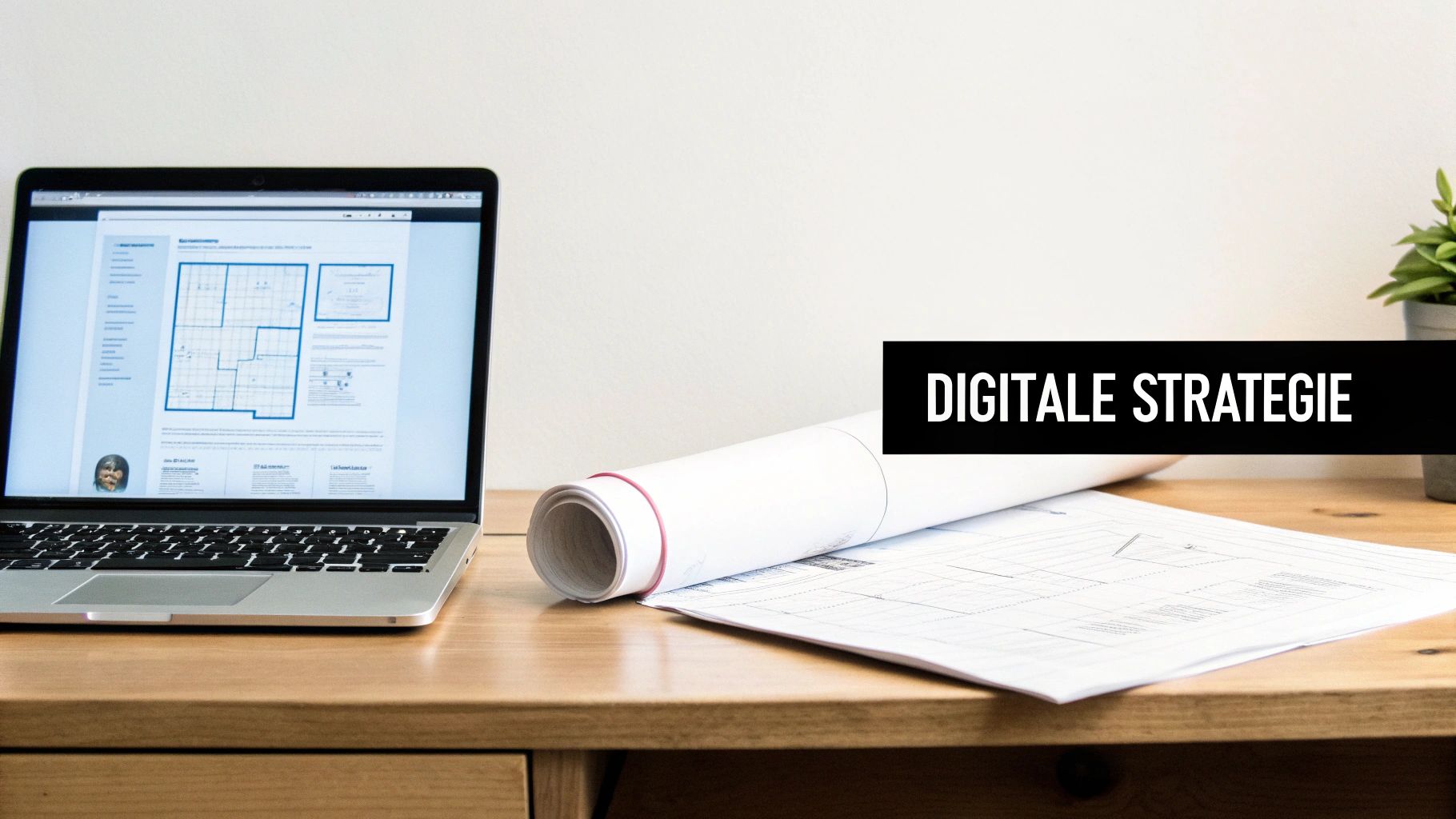 Een laptop op een houten bureau toont een digitaal plan naast opgerolde blauwdrukken. De tekst 'Digitale Strategie' is zichtbaar.