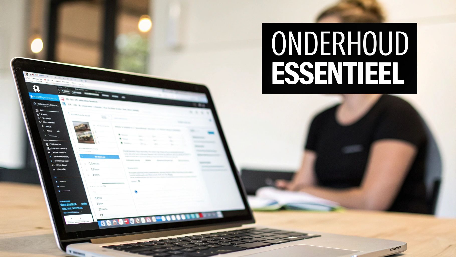 Een laptop met open WordPress-dashboard, en de tekst 'ONDERHOUD ESSENTIEEL' boven een vage persoon.