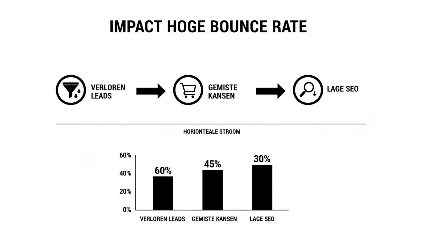 Infographic die de impact van een hoge bounce rate op verloren leads, gemiste kansen en lage SEO toont, inclusief percentages.
