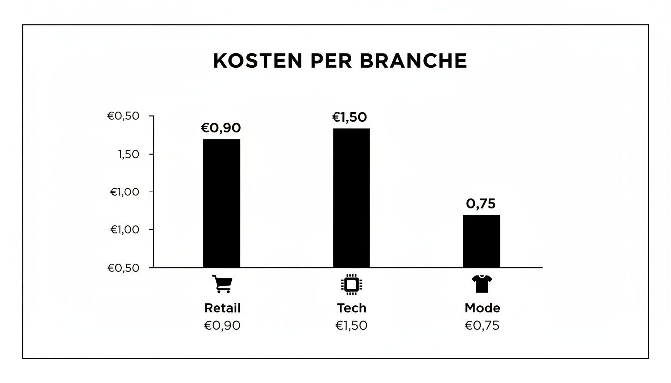 Staafdiagram toont kosten per branche: Retail €0,90, Tech €1,50, en Mode €0,75.