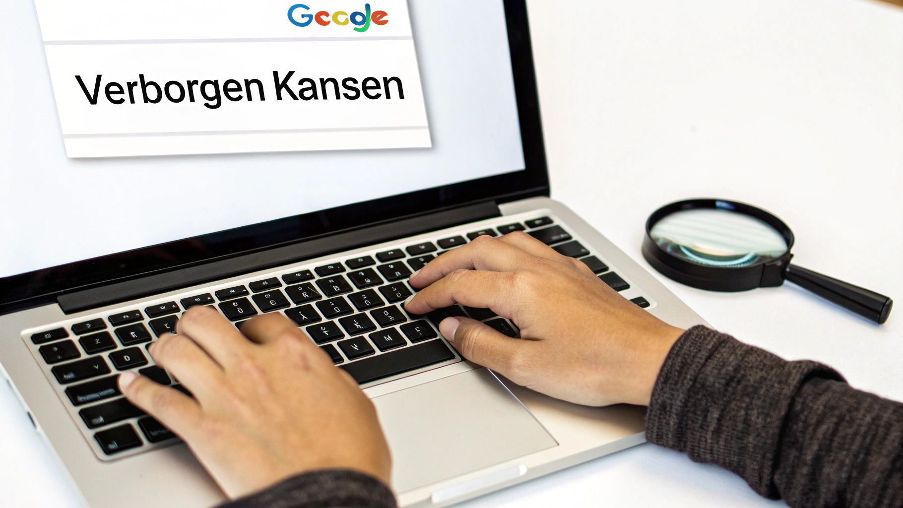 Een persoon typt 'Verborgen Kansen' in een Google-zoekbalk op een laptop, met een vergrootglas ernaast.