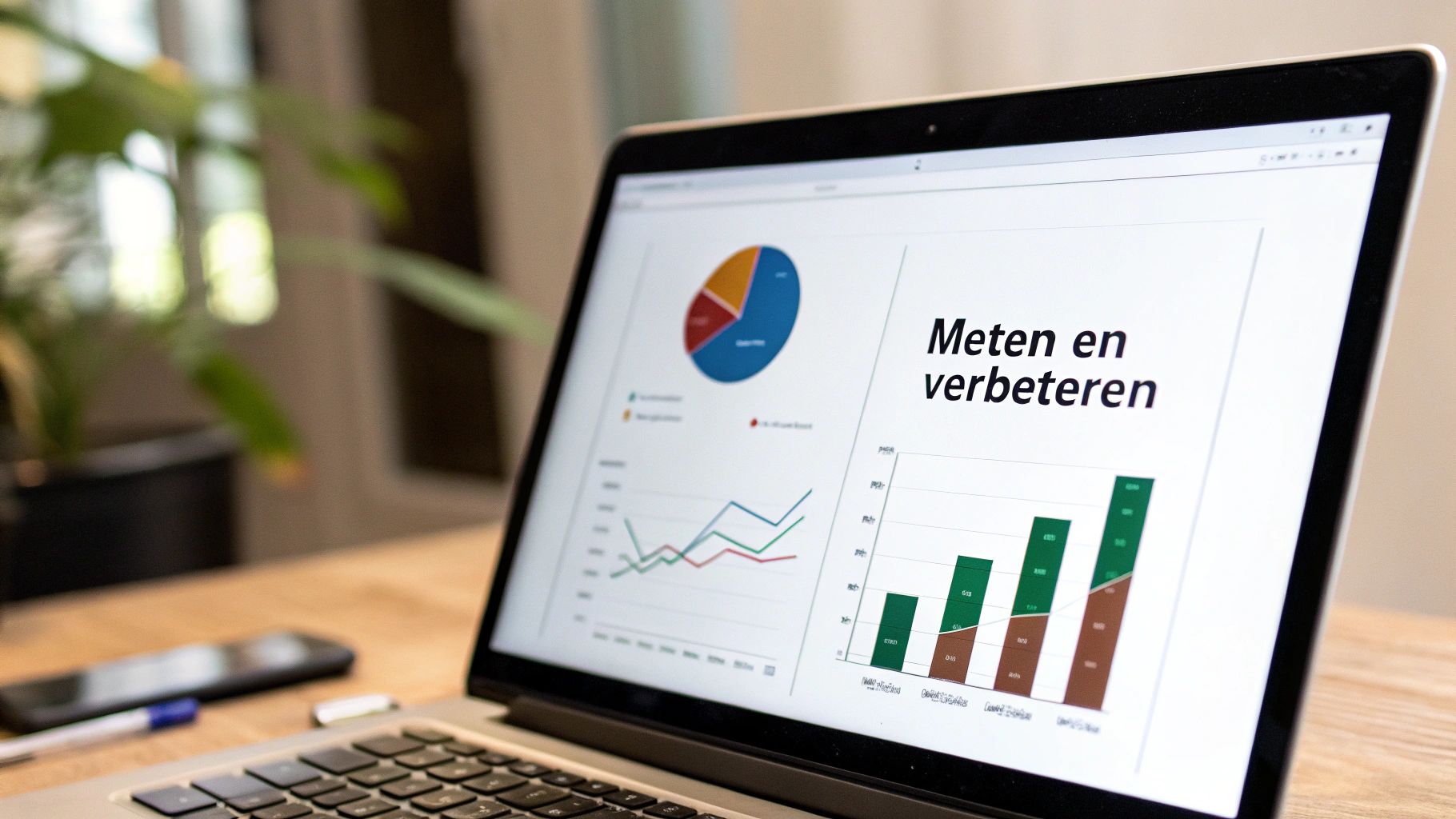 Een laptop toont diverse grafieken en de tekst 'Meten en verbeteren', wat datanalyse en procesoptimalisatie suggereert.