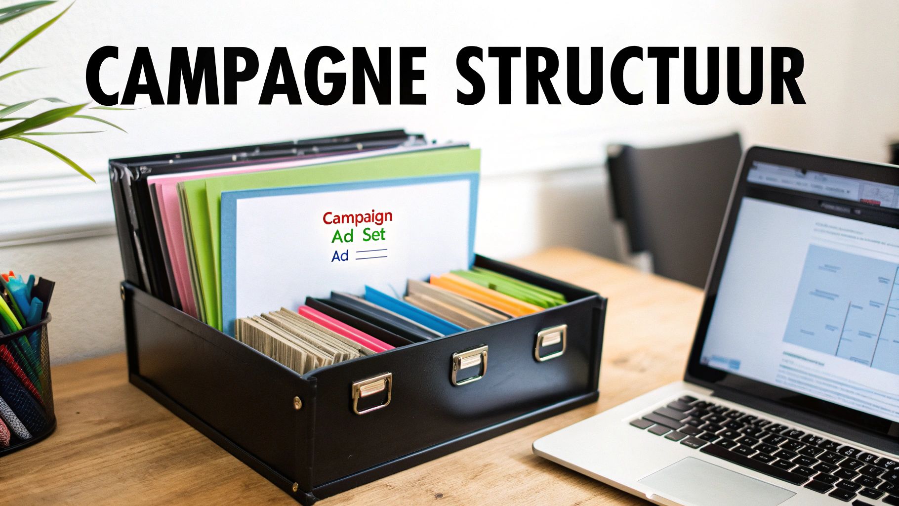 Een bureau met een open doos met gekleurde campagnebestanden en een laptop, met de tekst 'CAMPAGNE STRUCTUUR'.