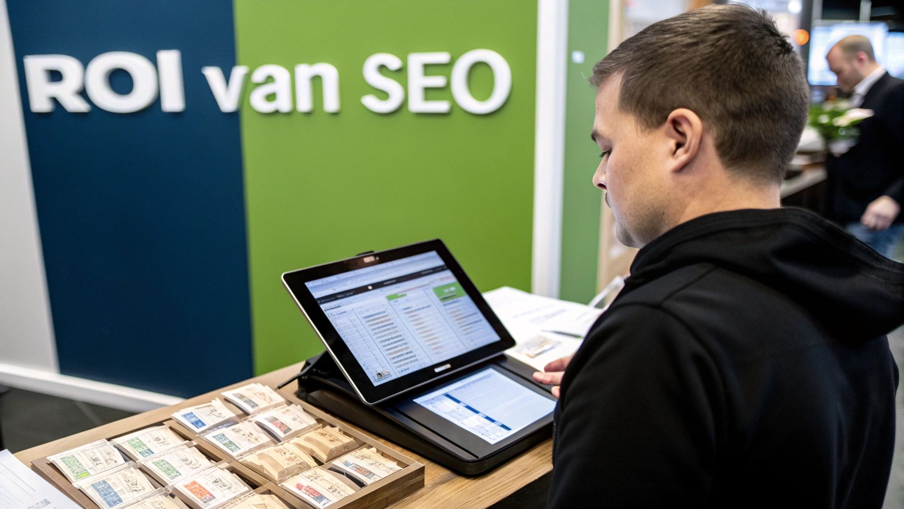 Man bekijkt data op een tablet, met 'ROI van SEO' op de achtergrond. Kleine verpakkingen liggen op tafel.