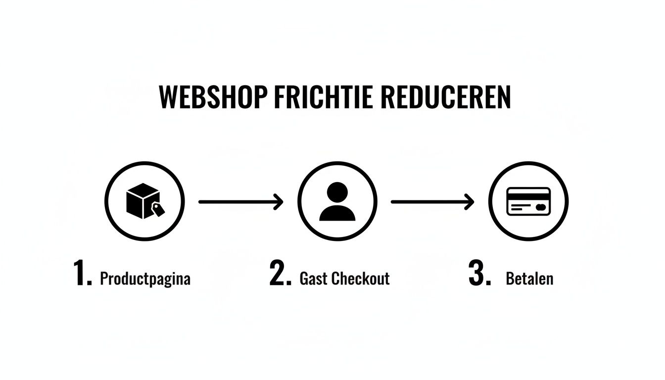 Diagram toont de drie stappen van het webshop conversieproces: productpagina, gast checkout en betalen.
