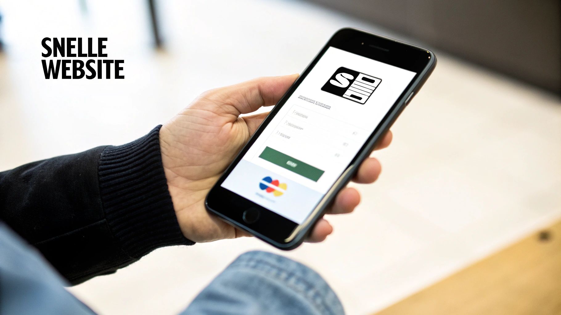Een hand houdt een smartphone vast met een betalingsscherm en de tekst 'SNELLE WEBSITE' voor optimale conversie.
