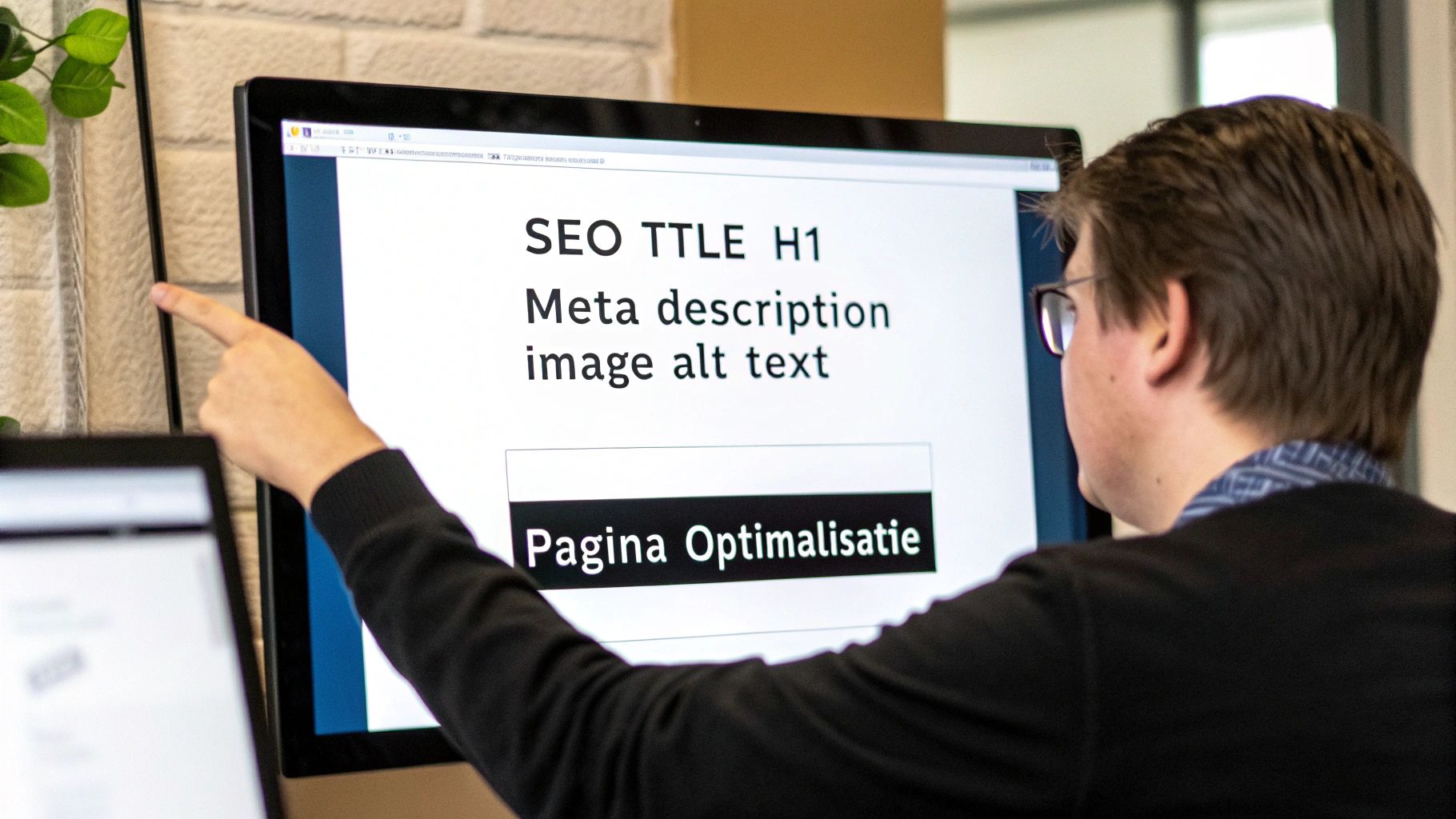 Een persoon wijst naar een computerscherm met SEO-gerelateerde tekst zoals 'SEO TTLE H1' en 'Pagina Optimalisatie'.