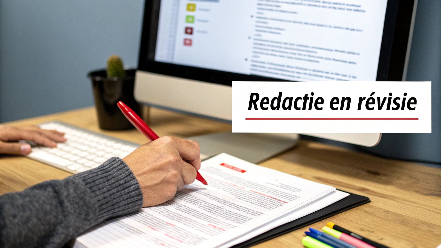 Persoon reviseert en redigeert teksten met pen en toetsenbord, met de titel 'Redactie en revisie'.