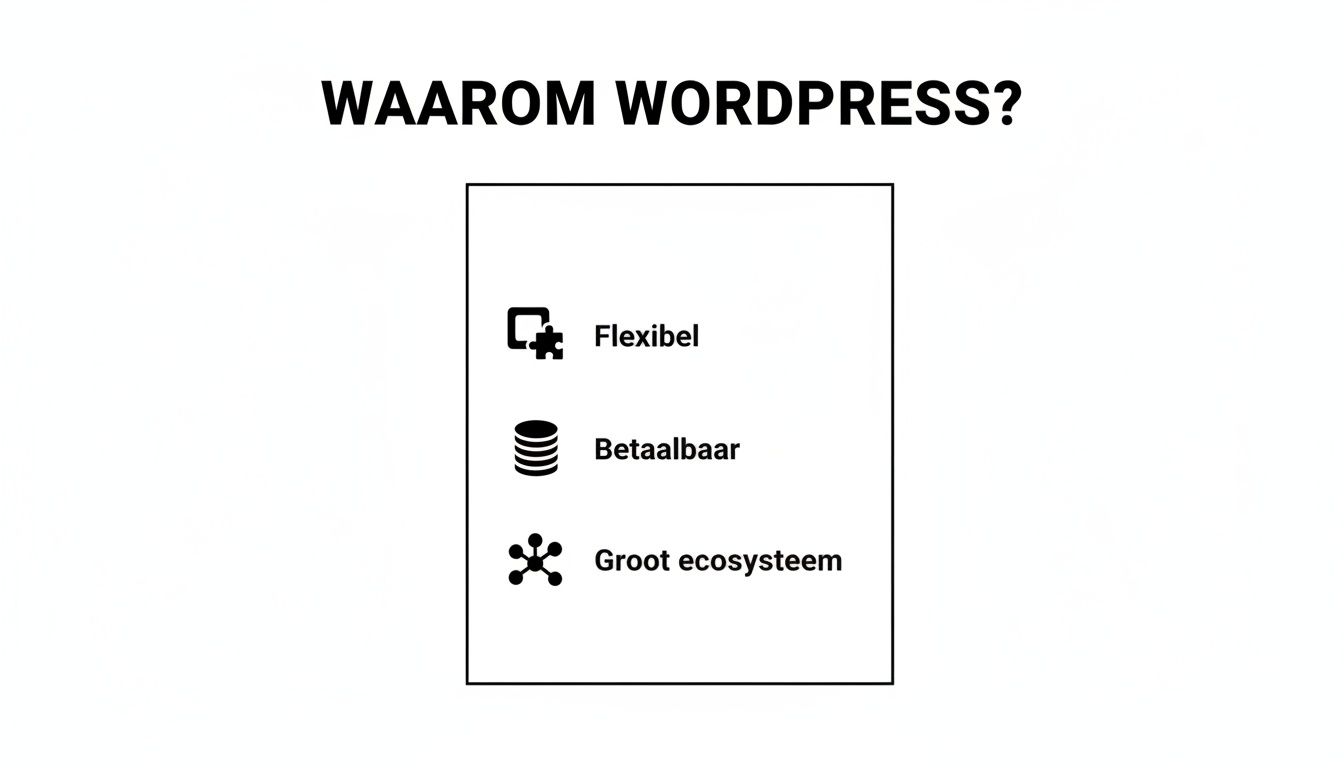 Afbeelding die de voordelen van WordPress toont: flexibiliteit, betaalbaarheid en een groot ecosysteem.