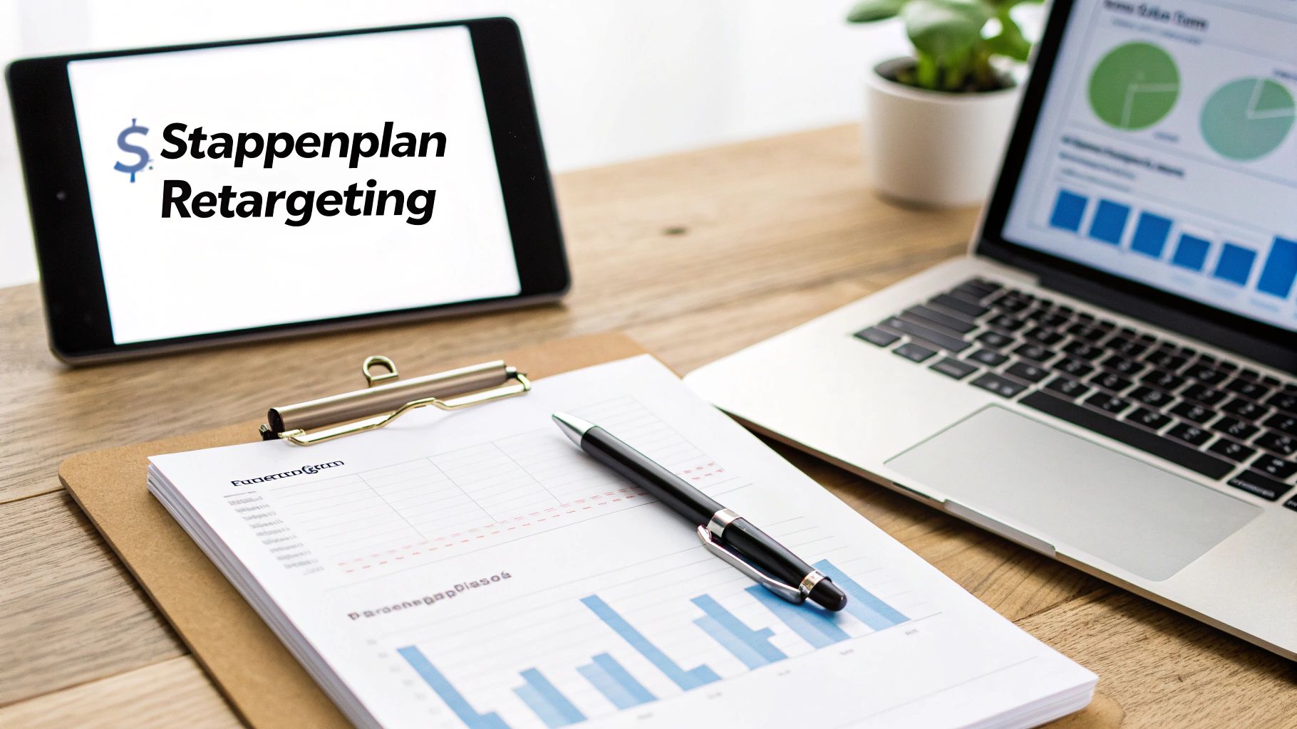 Werkplek met tablet met 'Stappenplan Retargeting', laptop met analyses en documenten op een houten bureau.