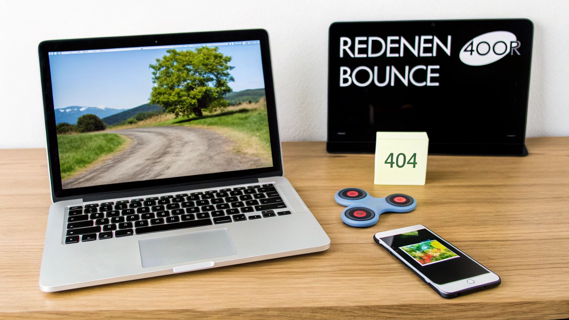 Een bureau met laptop, tablet, plakbriefje met 404, fidget spinner en smartphone.