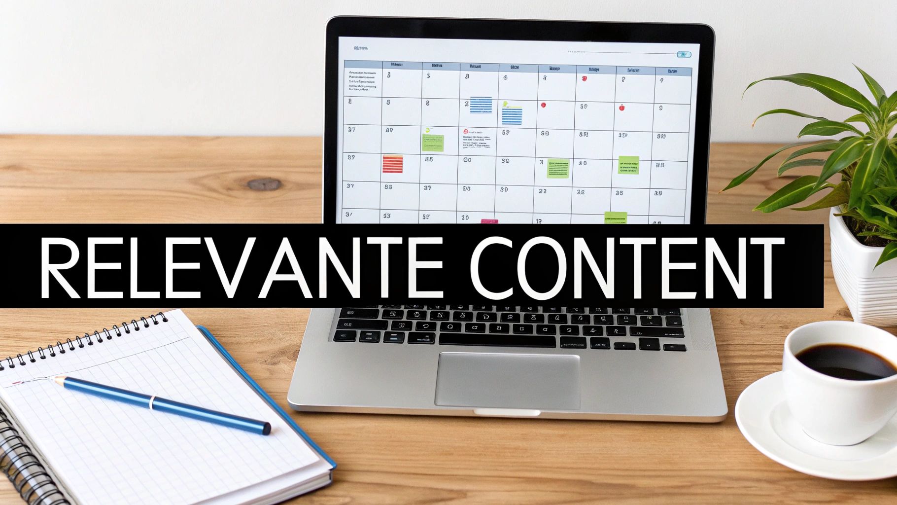 Een houten bureau met laptop, digitale kalender, notitieboekje, pen, koffie en plant. De banner toont 'RELEVANTE CONTENT'.