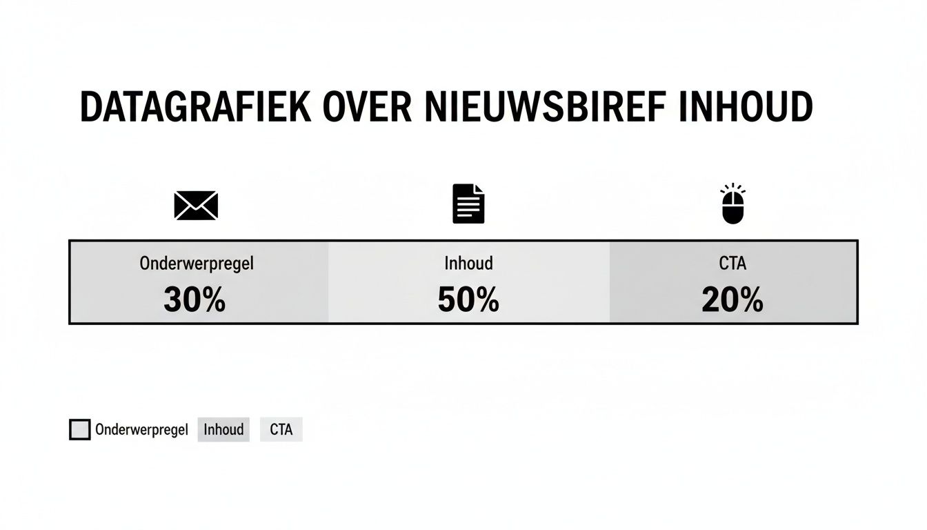 Infographic toont de ideale verdeling van nieuwsbriefinhoud: 30% onderwerpregel, 50% inhoud en 20% CTA.