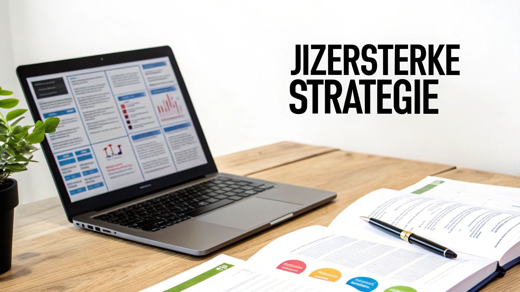 Een werkplek met laptop die data toont, een open boek, pen en de tekst 'JIZERSTERKE STRATEGIE' op een houten bureau.