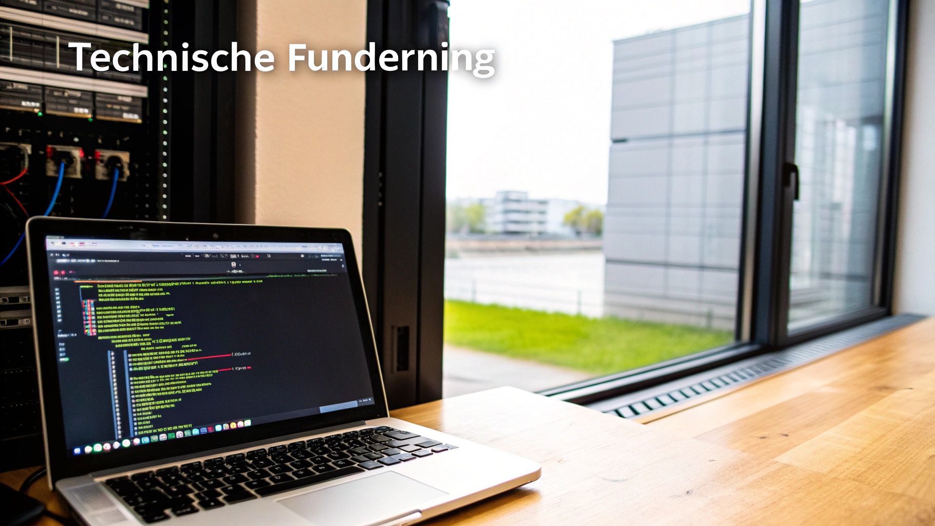 Laptop met programmeercode op houten bureau bij raam met technische serverkasten op achtergrond voor technische fundering