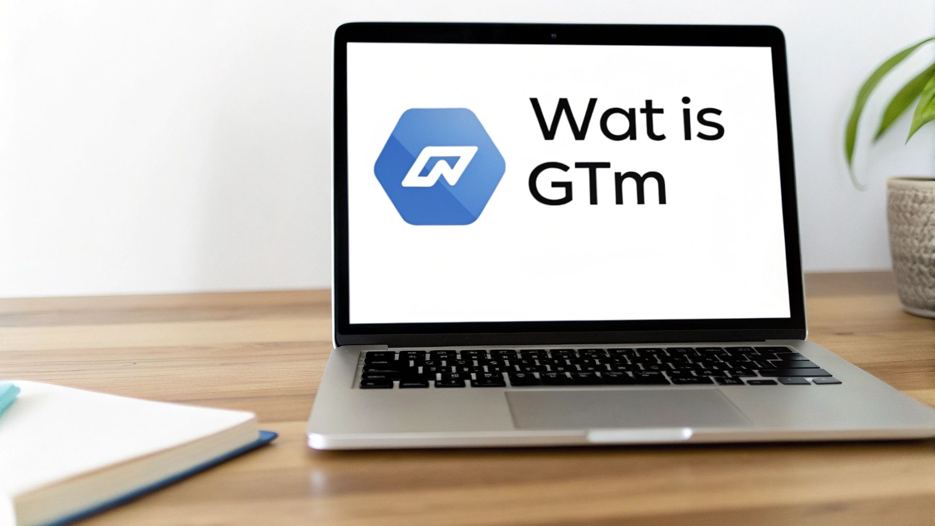 Een laptop op een houten bureau met de tekst 'Wat is GTm' en een blauw logo op het scherm, met een notitieboekje en plant.