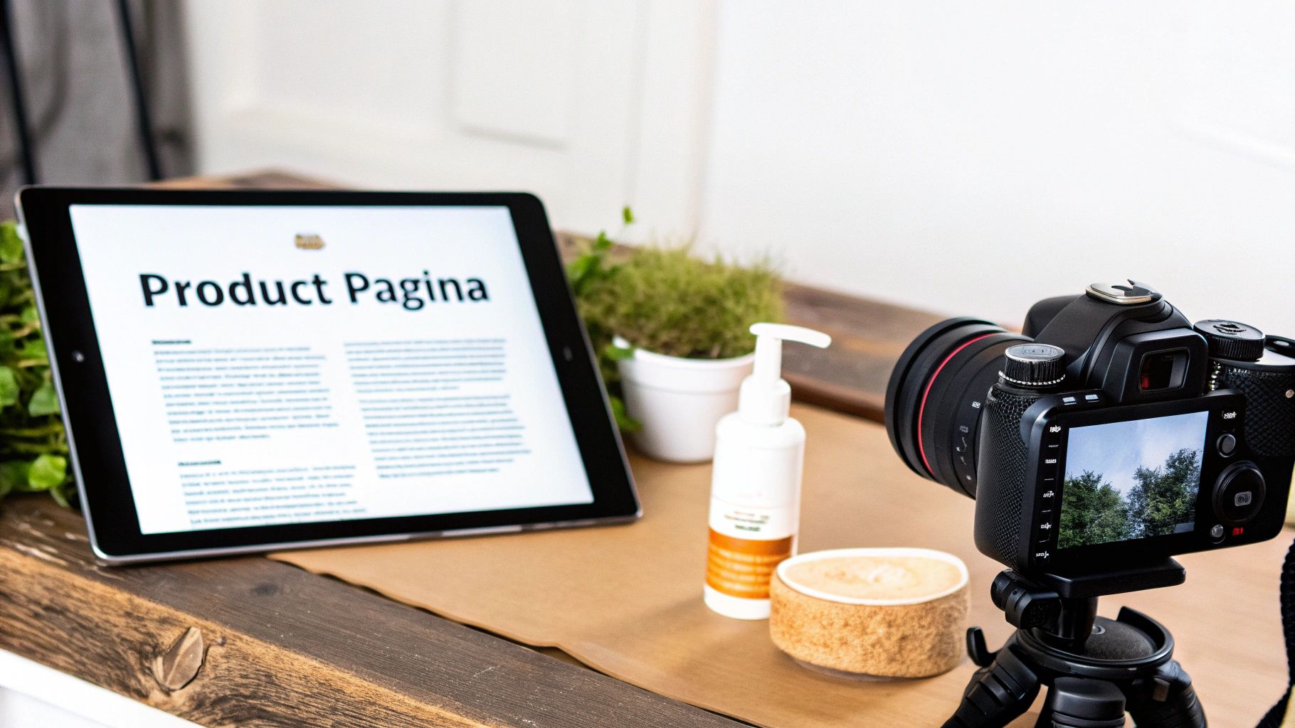 Tablet toont product pagina naast camera op statief voor professionele webshop fotografie