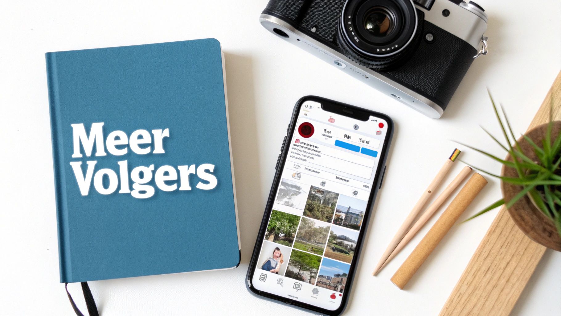 Flat lay met een teal notitieboek met 'Meer Volgers', smartphone, camera, pennen en plant op witte achtergrond.