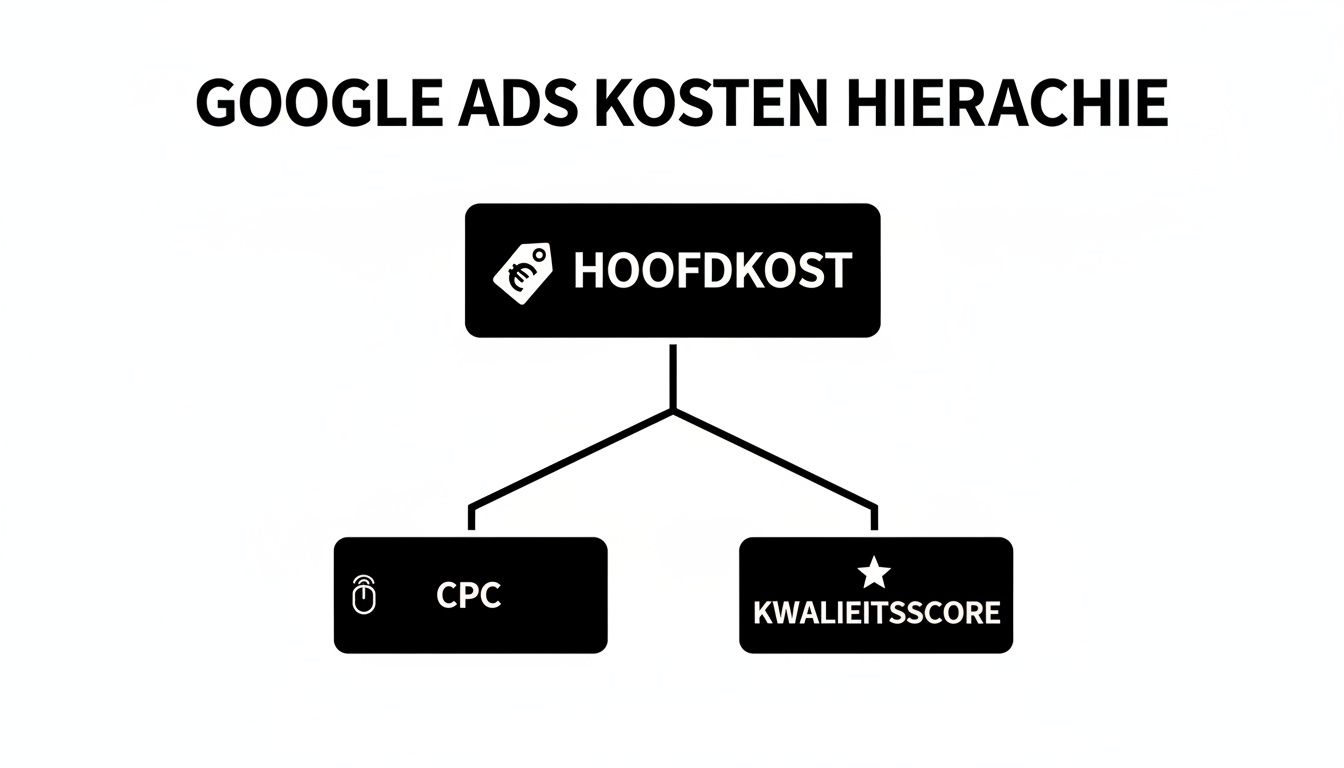 Een hiërarchie schema van Google Ads kosten, met hoofdkost bovenaan, en CPC en kwaliteitsscore daaronder.
