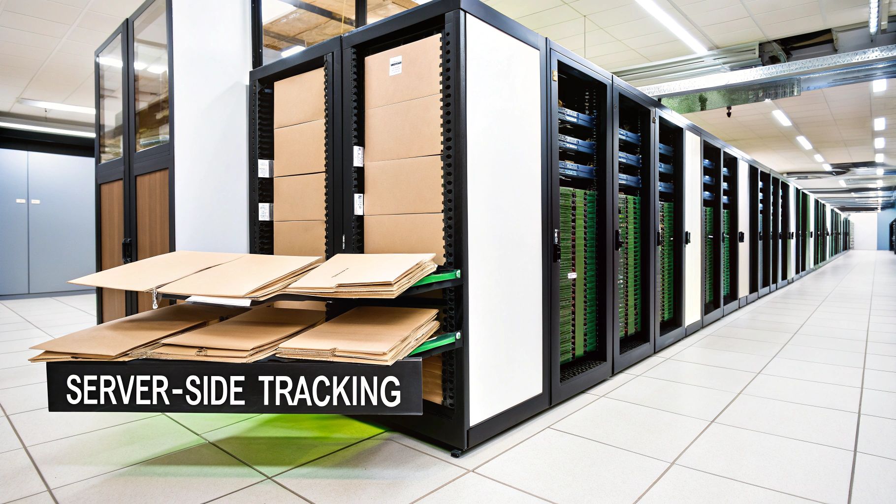 Een datacentrum met rijen serverracks, gevuld met groene printplaten en bruine dozen, inclusief de tekst 'SERVER-SIDE TRACKING'.