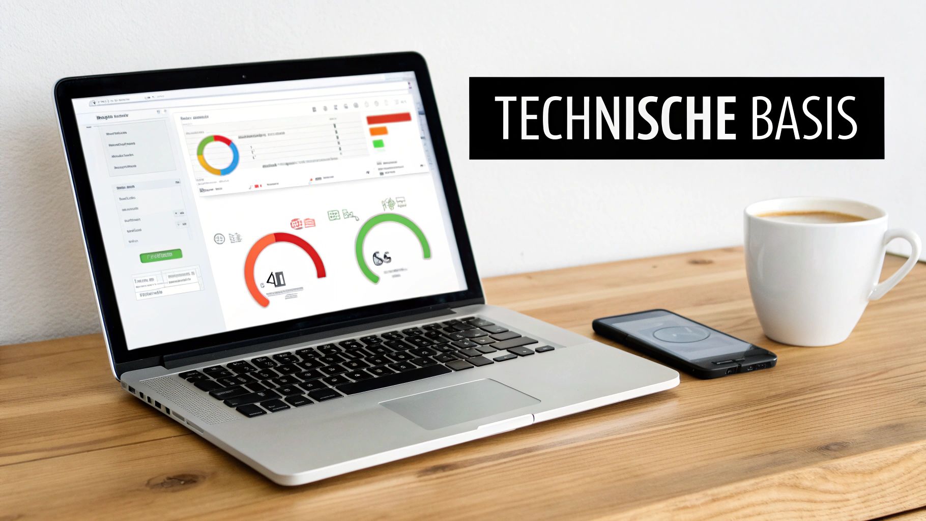Een laptop met grafieken op het scherm, een smartphone en een koffiekopje op een houten tafel, met de tekst 'TECHNISCHE BASIS'.