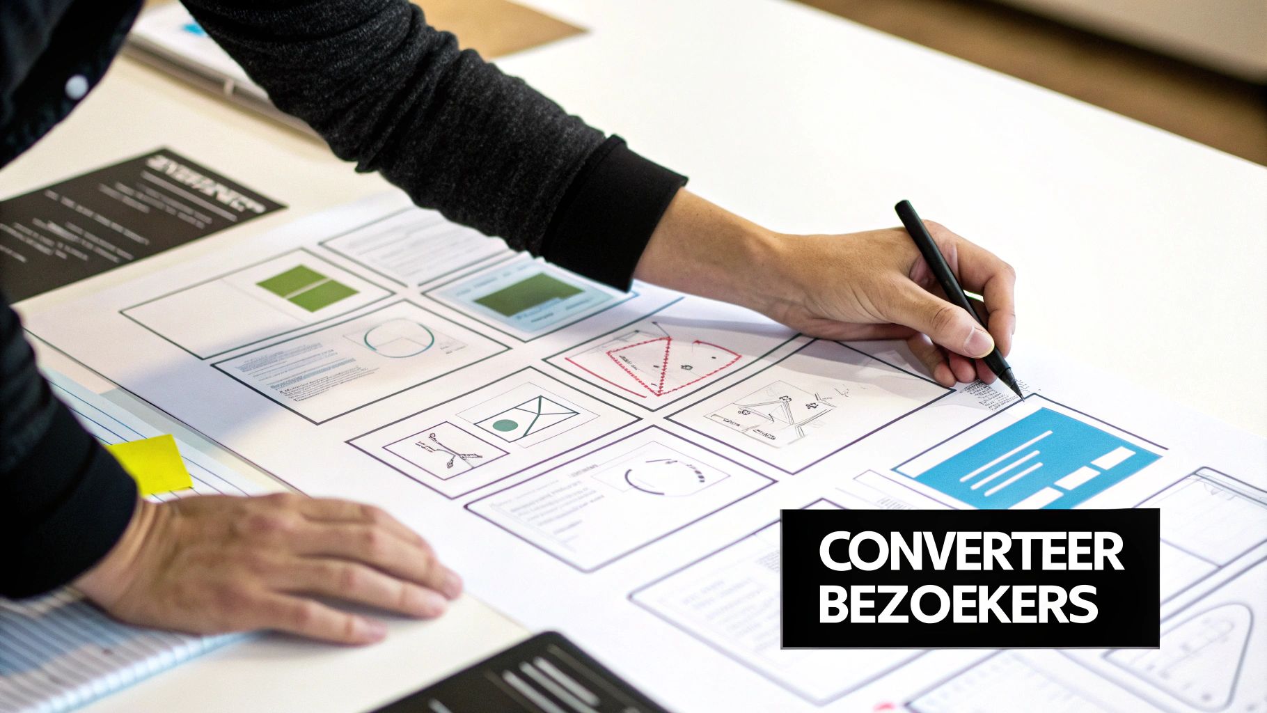 Persoon werkt aan website wireframes en UI ontwerp schetsen op papier voor WordPress project