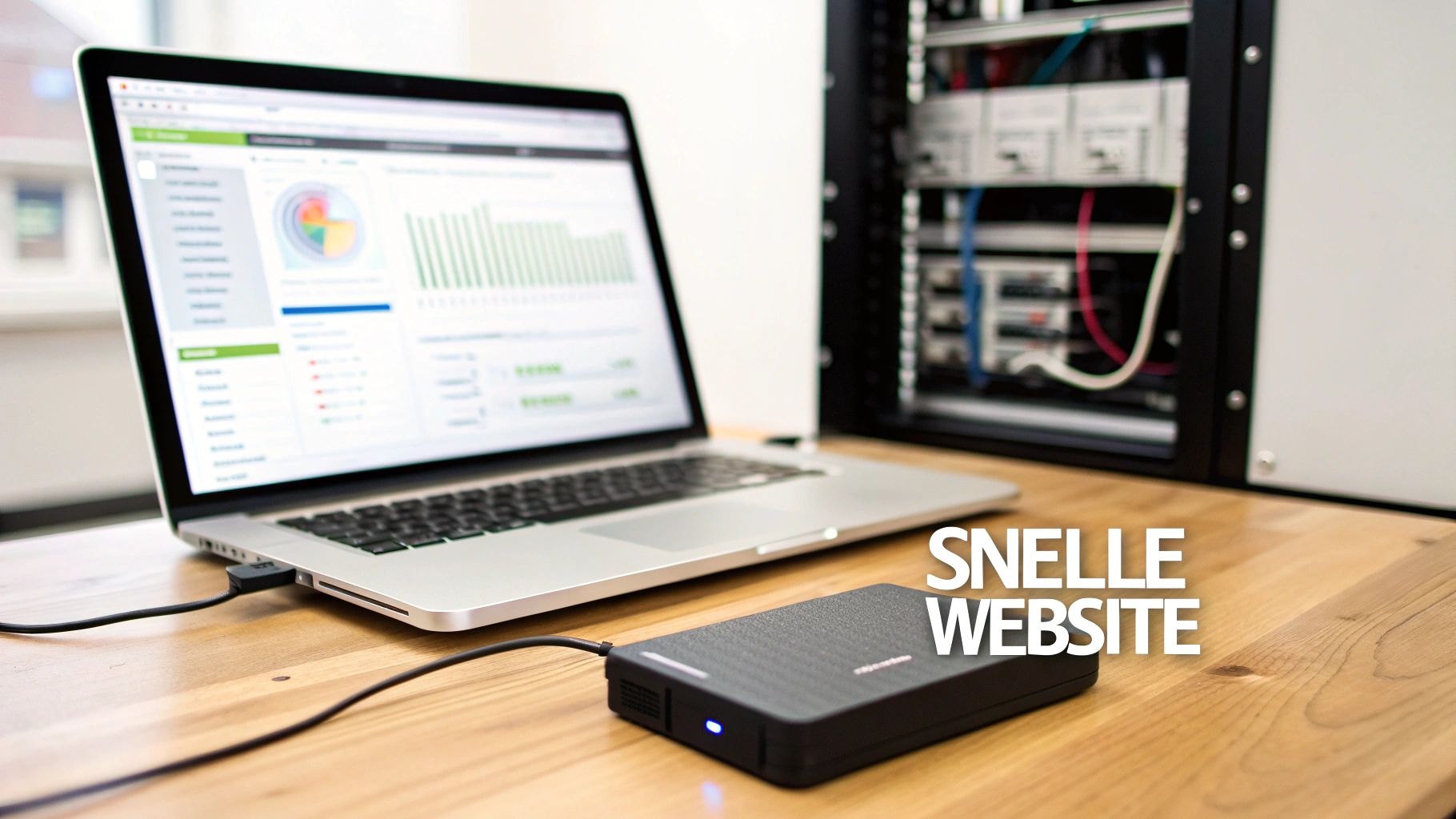 Laptop met dashboard, externe harde schijf en serverkast, symboliseert snelle websiteprestaties.