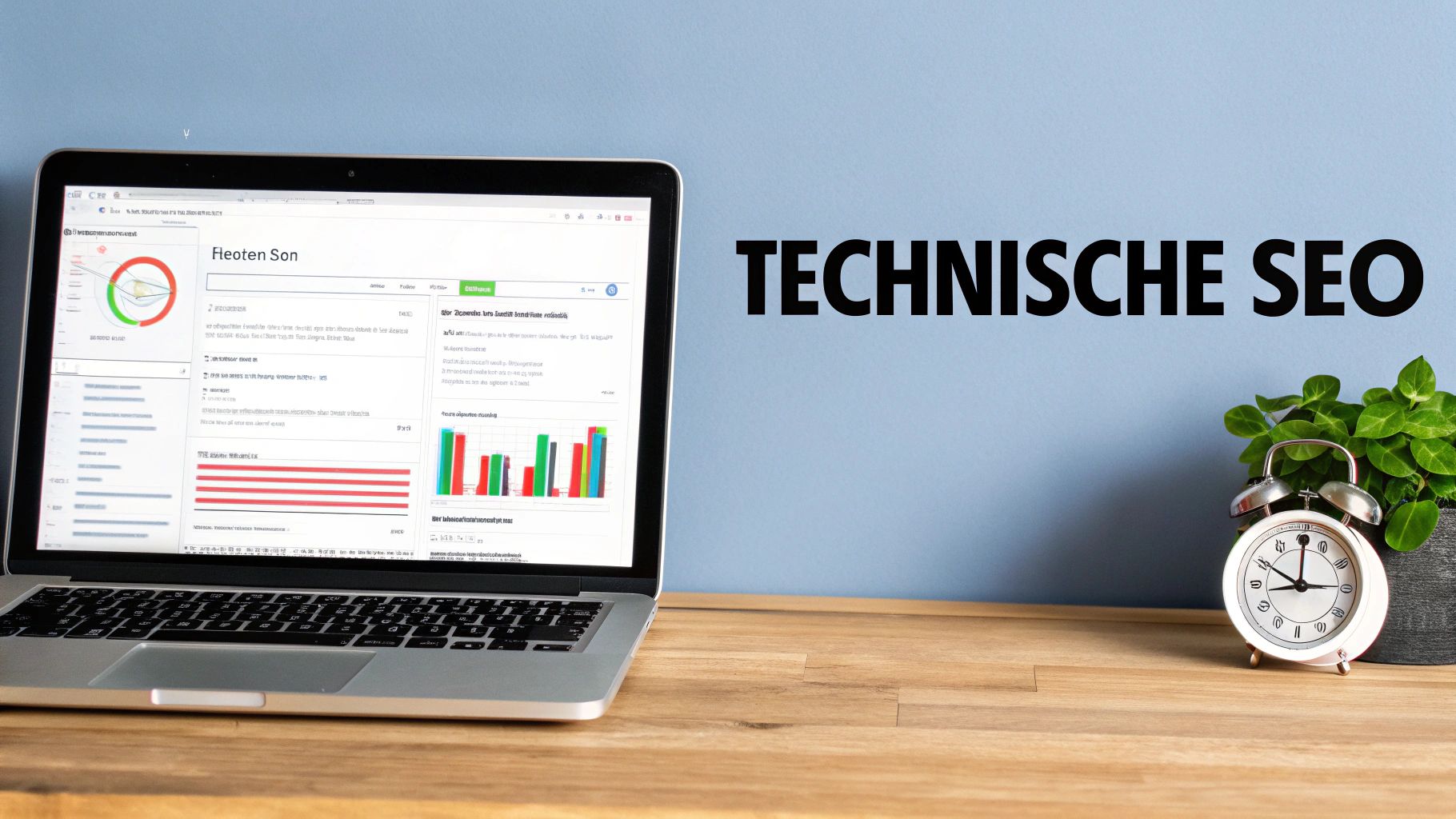 Laptop met technisch SEO dashboard, grafieken en data op houten bureau, naast wekker en plant. Tekst: 'TECHNISCHE SEO'.