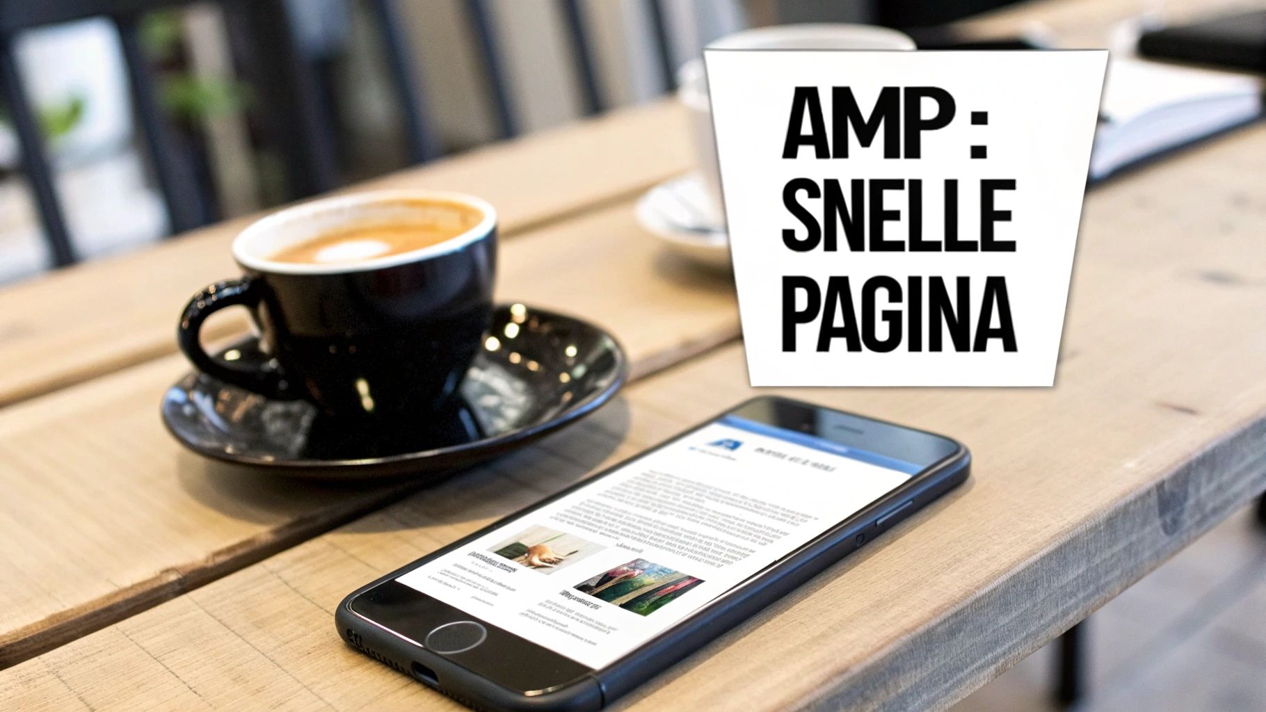 Een smartphone en kop koffie op een houten tafel, met de tekst 'AMP: SNELLE PAGINA' prominent in beeld.