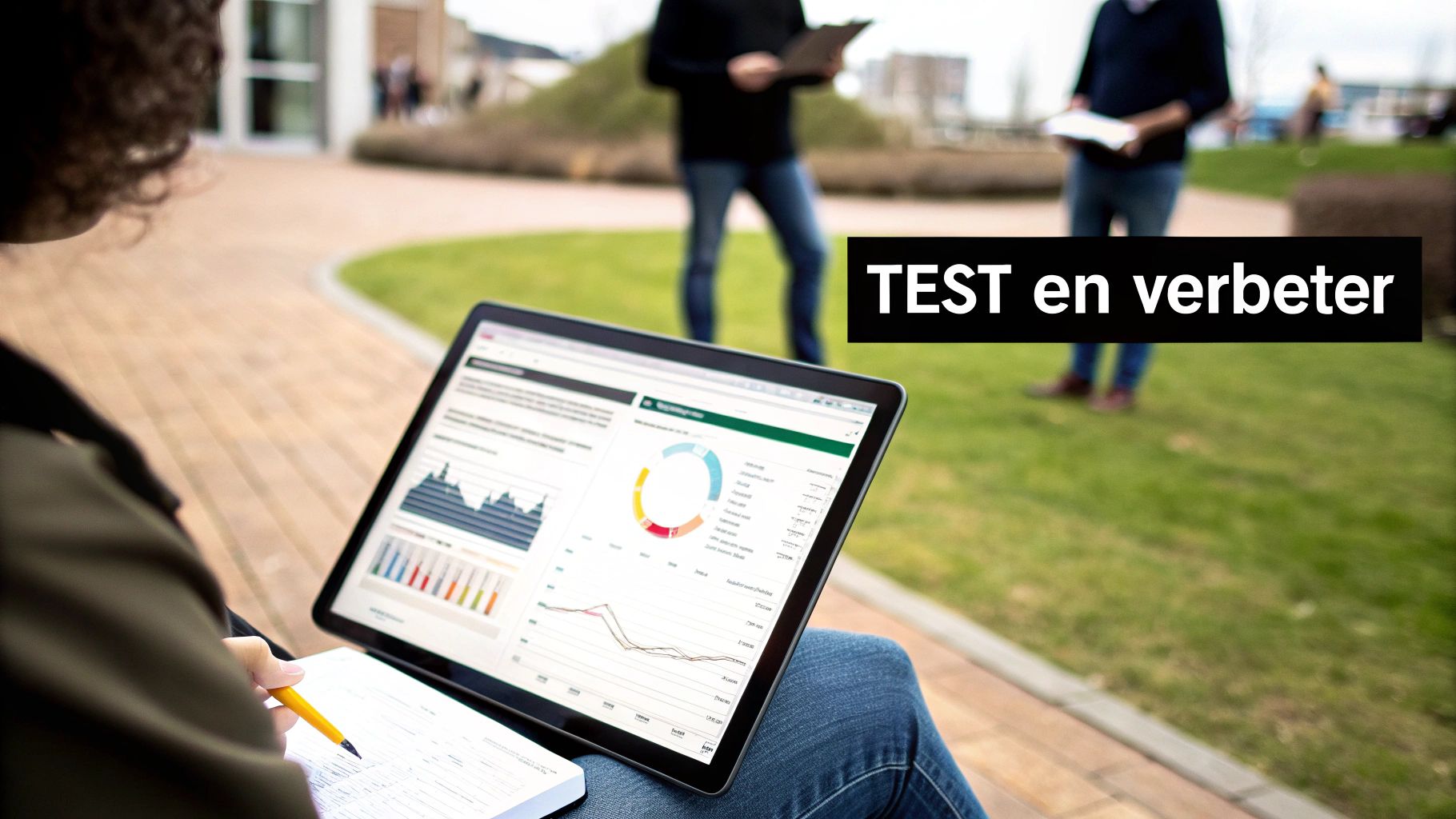 Een persoon werkt buiten met een laptop vol gegevens en een notitieboek, met de tekst 'TEST en verbeter'.