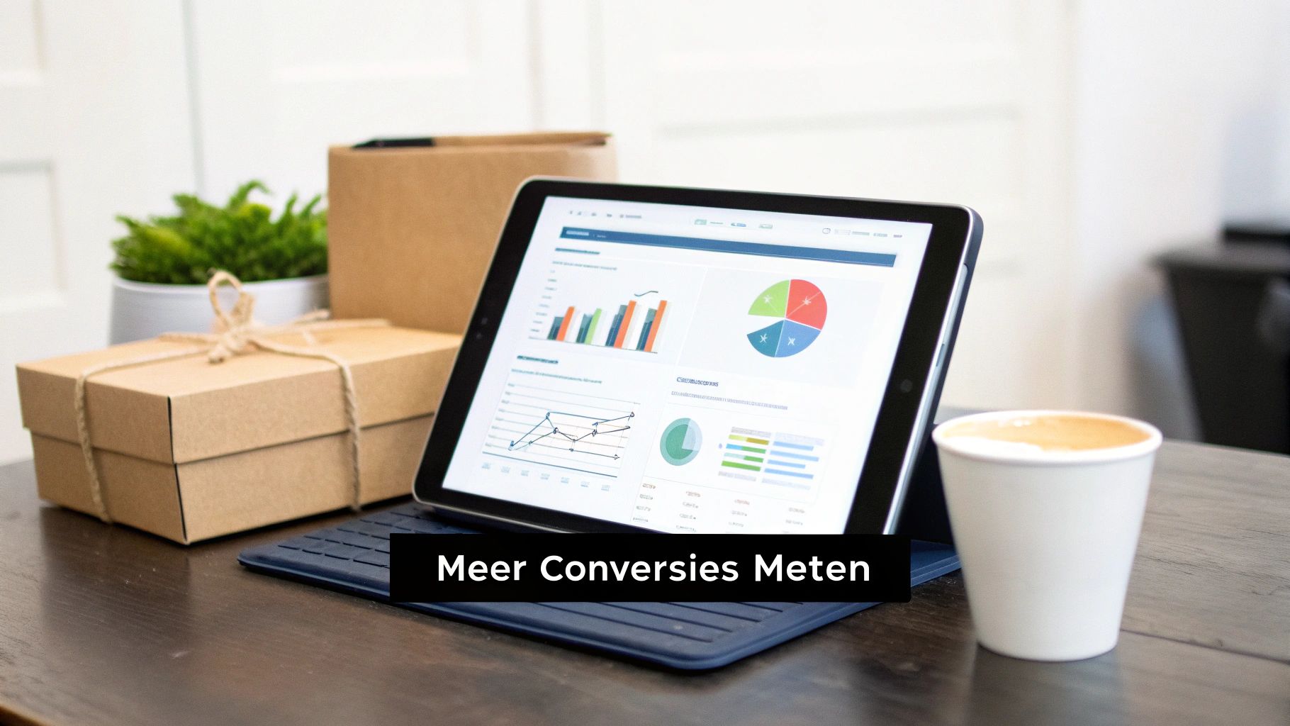 Een tablet met data-analyse grafieken en diagrammen, omringd door cadeauboxen, een plant en koffie op een houten bureau. Met de tekst 'Meer Conversies Meten'.
