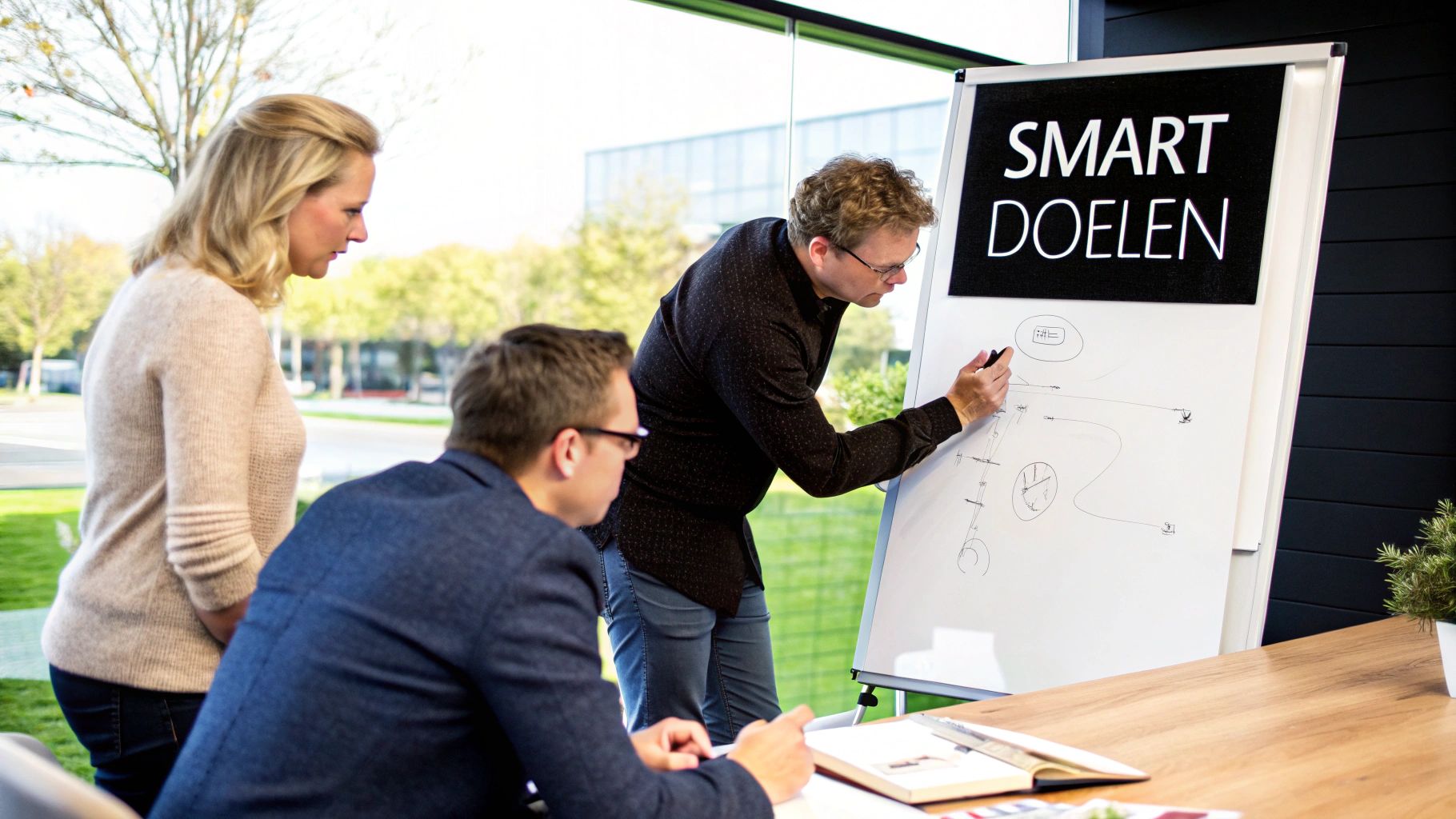 Man schrijft 'SMART DOELEN' op een whiteboard tijdens een zakelijke bijeenkomst met twee collega's.