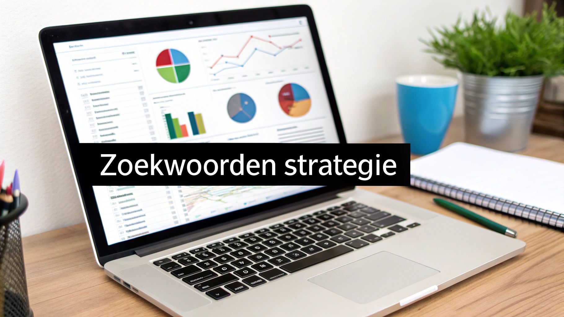 Laptop scherm met grafieken en de tekst 'Zoekwoorden strategie', omringd door kantoorartikelen. Ideaal voor SEO.