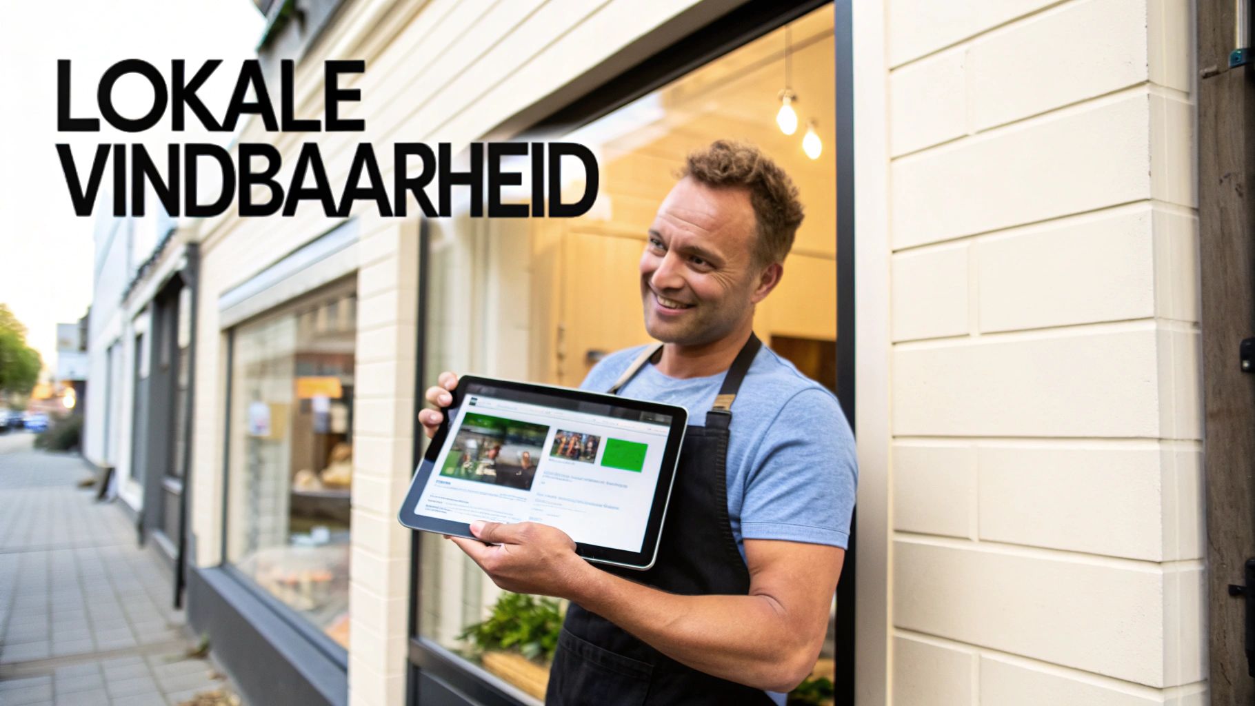 Lachende man in schort toont tablet met 'Lokale Vindbaarheid' voor zijn winkel.