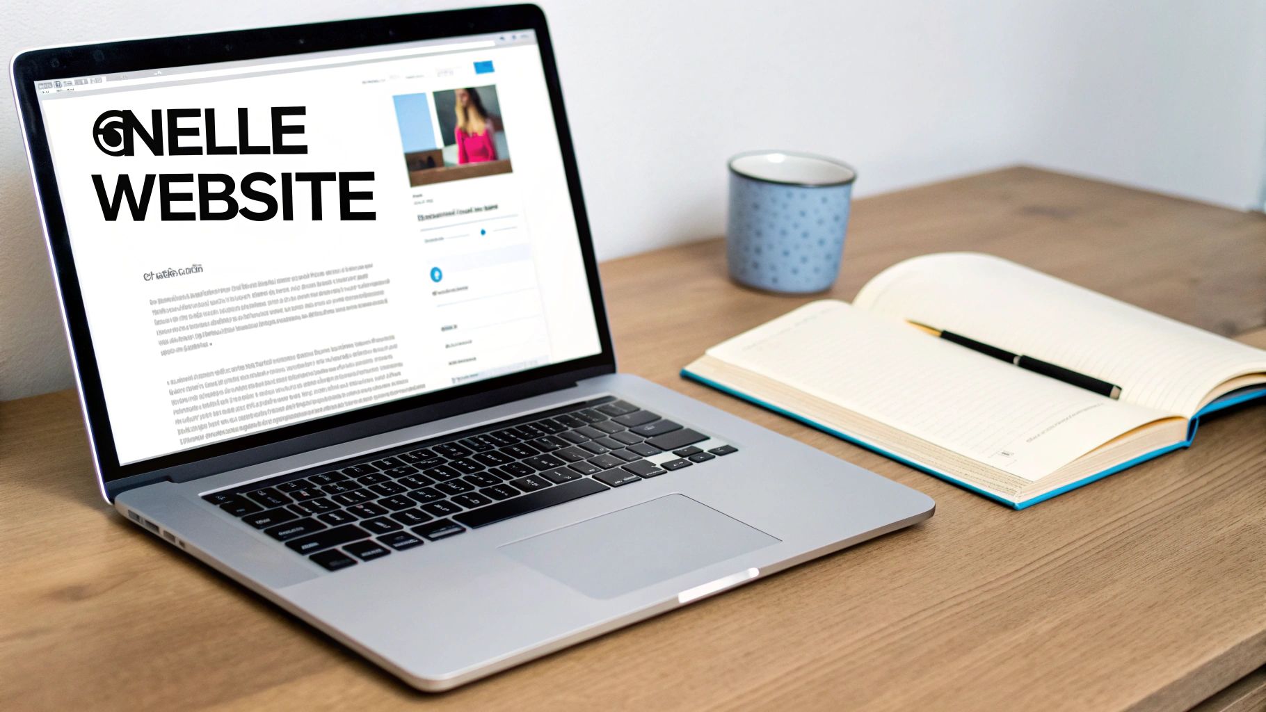 Een laptop toont een website met de tekst 'ONELLE WEBSITE', geplaatst op een houten bureau naast een notitieboek, pen en blauwe mok.