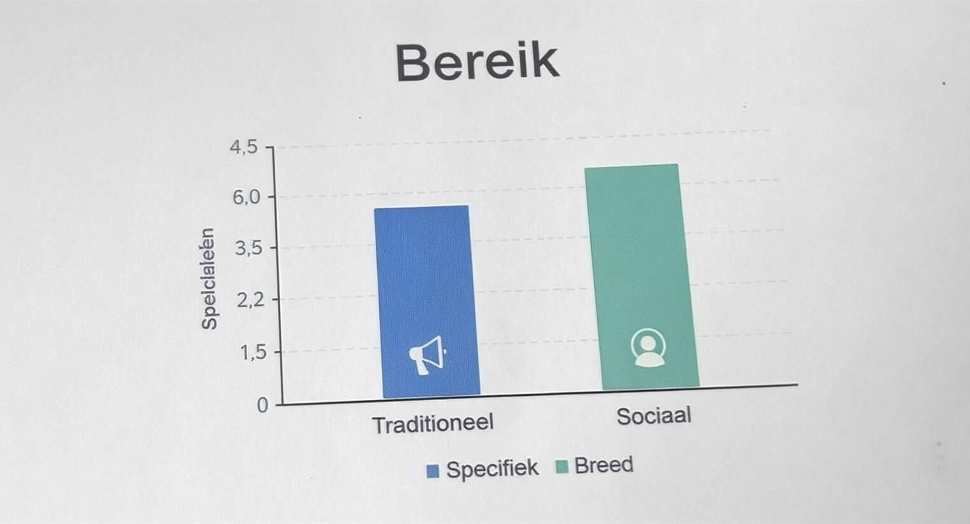 Staafdiagram toont bereik van traditionele versus sociale media advertenties met specifieke en brede targeting