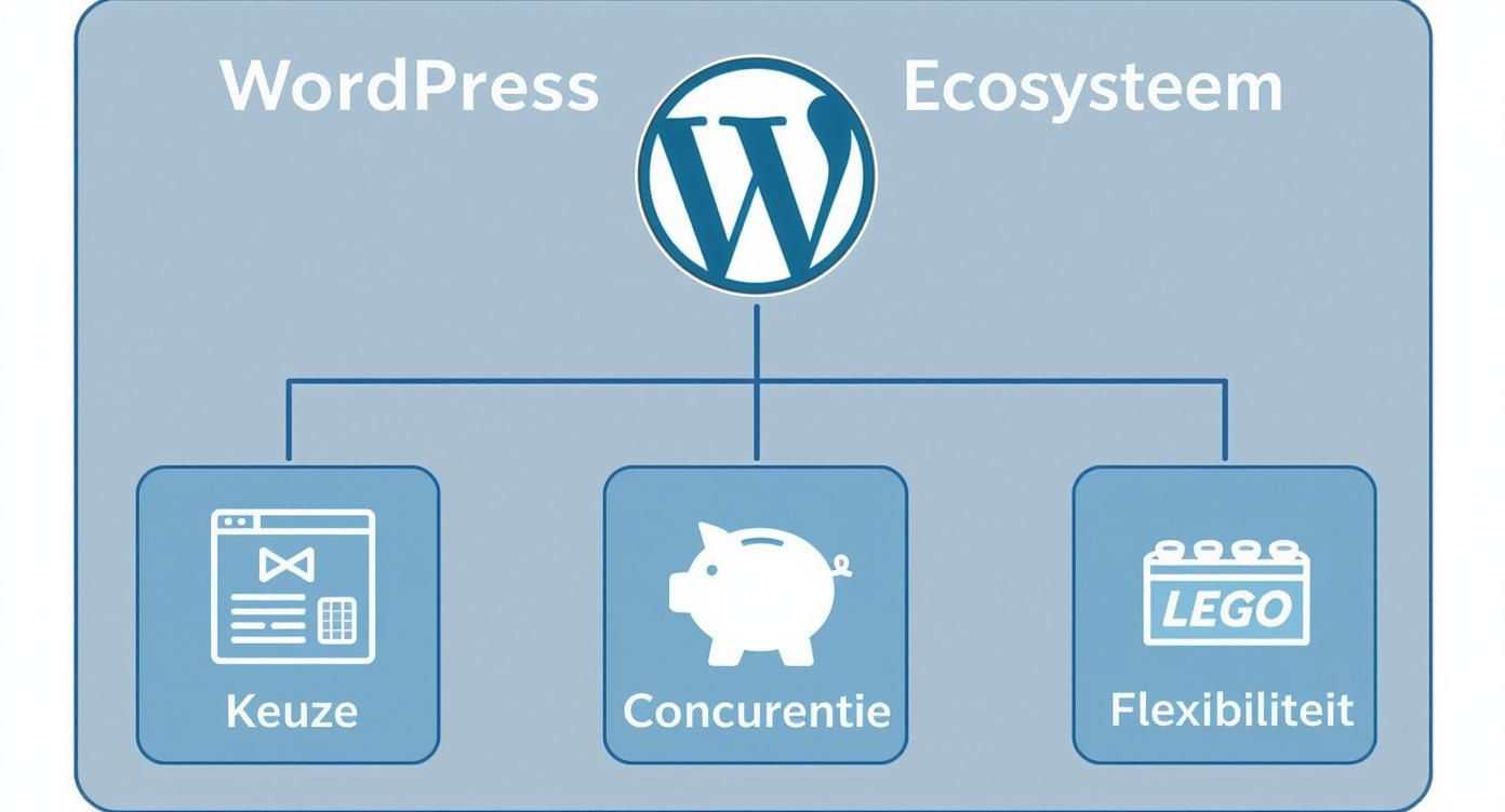 Infographic over het WordPress ecosysteem, met pijlers zoals keuze, concurrentie en flexibiliteit geïllustreerd met iconen.