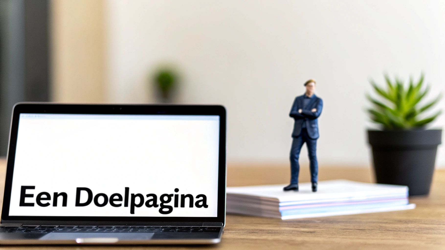 Laptop scherm met de tekst 'Een Doelpagina', een miniatuur mannetje en een plant op een bureau.