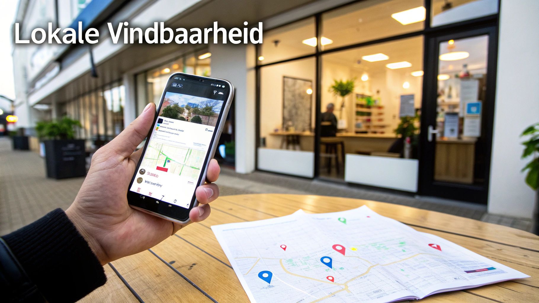 Hand met smartphone toont kaart-app en papieren kaart op tafel, met tekst Lokale Vindbaarheid.