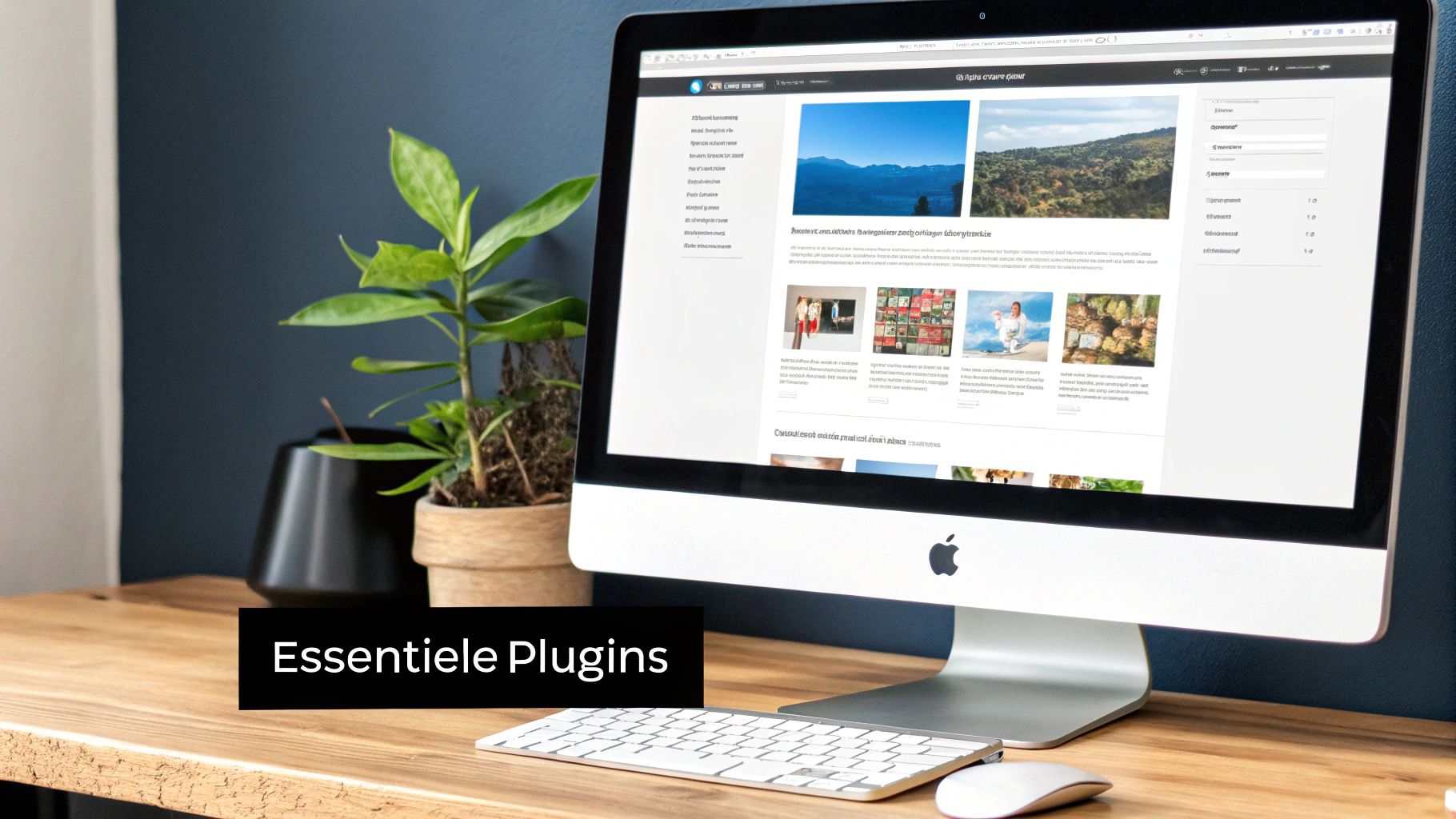 Een moderne computer met een WordPress-website op het scherm, toetsenbord, muis en plant op een houten bureau.