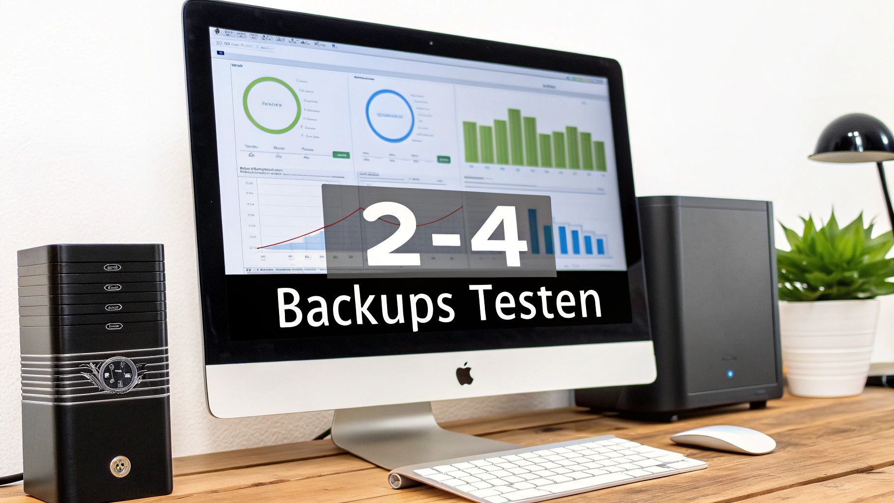 Een iMac op een houten bureau toont grafieken en de tekst '2-4 Backups Testen', met externe schijven.